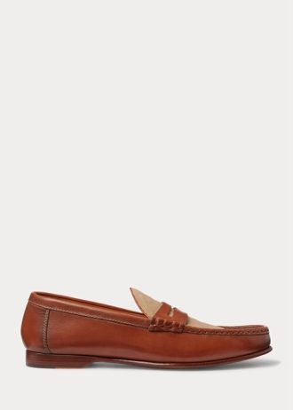 Hnědé pánské Ralph Lauren Chalmers Telecí kůže & Plátěné penny mokasíny