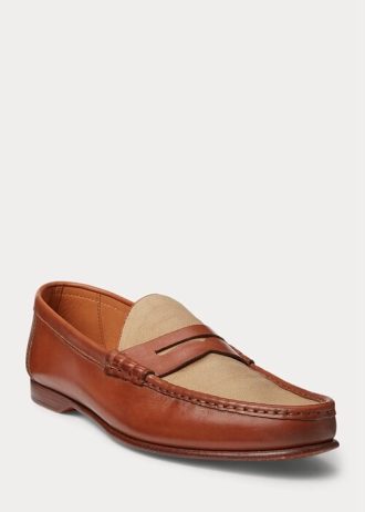 Hnědé pánské Ralph Lauren Chalmers Telecí kůže & Plátěné penny mokasíny