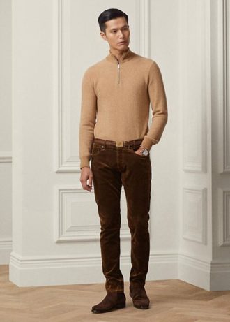 Hnědé pánské strečové sametové džíny Ralph Lauren Slim Fit