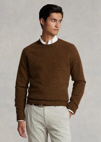 Hnědé pánské svetry Ralph Lauren semišové s vlněným výstřihem