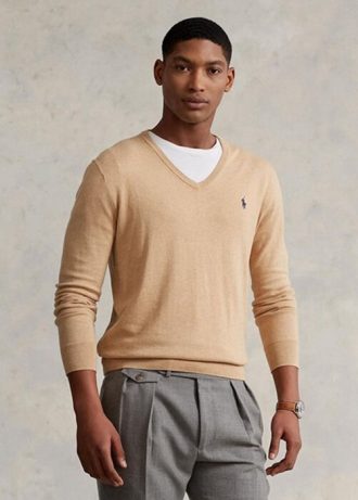 Hnědé pánské svetry Ralph Lauren Slim Fit s texturou z bavlny