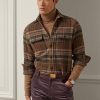 Hnědé pánské trička Ralph Lauren semišové kostkované vlněné tvídové košile Hnědé pánské trička Ralph Lauren semišové kostkované vlněné tvídové košile