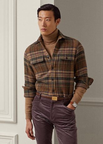 Hnědé pánské trička Ralph Lauren semišové kostkované vlněné tvídové košile