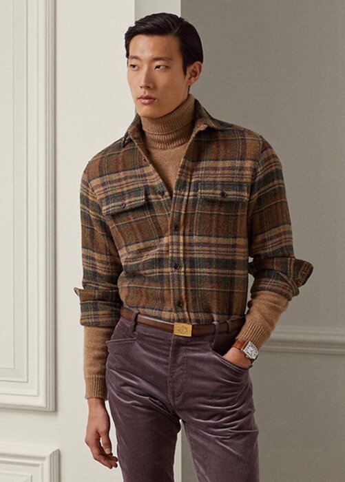 Hnědé pánské trička Ralph Lauren semišové kostkované vlněné tvídové košile Hnědé pánské trička Ralph Lauren semišové kostkované vlněné tvídové košile