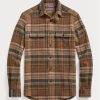 Hnědé pánské trička Ralph Lauren semišové kostkované vlněné tvídové košile Hnědé pánské trička Ralph Lauren semišové kostkované vlněné tvídové košile