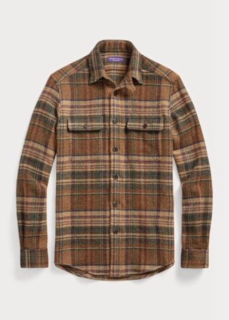 Hnědé pánské trička Ralph Lauren semišové kostkované vlněné tvídové košile