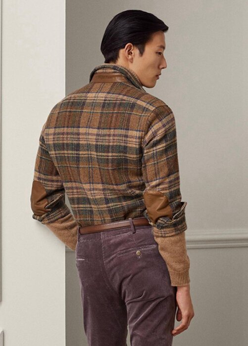 Hnědé pánské trička Ralph Lauren semišové kostkované vlněné tvídové košile Hnědé pánské trička Ralph Lauren semišové kostkované vlněné tvídové košile