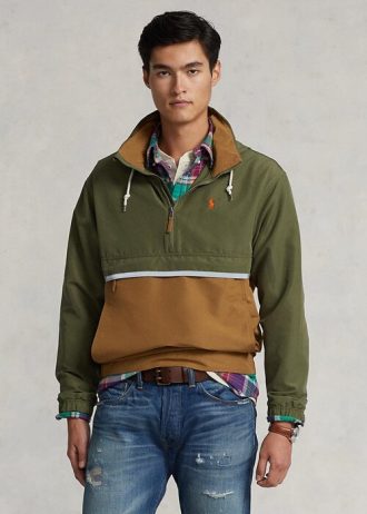 Hnědé vícebarevné pánské sbalitelné vodoodpudivé bundy s kapucí Ralph Lauren