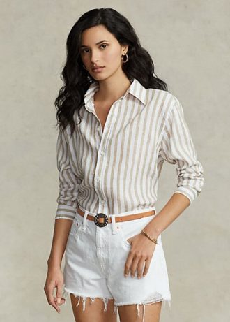 Hnědobílé dámské pruhované plátěné košile Ralph Lauren uvolněného střihu