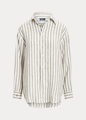 Hnědobílé dámské pruhované plátěné košile Ralph Lauren uvolněného střihu