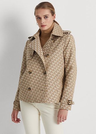 Khaki dámské žakárové kabáty Ralph Lauren s dvouřadým monogramem Khaki dámské žakárové kabáty Ralph Lauren s dvouřadým monogramem