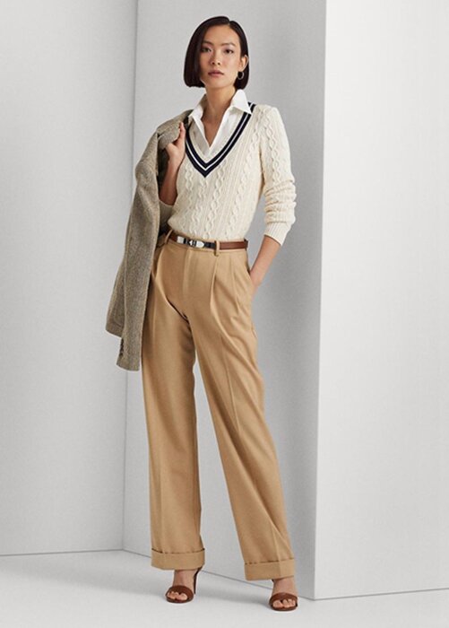 Khaki dámské plisované keprové kalhoty ze směsi vlny Ralph Lauren Khaki dámské plisované keprové kalhoty ze směsi vlny Ralph Lauren