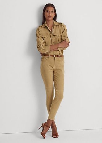 Khaki dámské semišové vysoké úzké kotníkové kalhoty Ralph Lauren