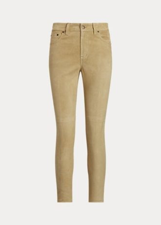 Khaki dámské semišové vysoké úzké kotníkové kalhoty Ralph Lauren