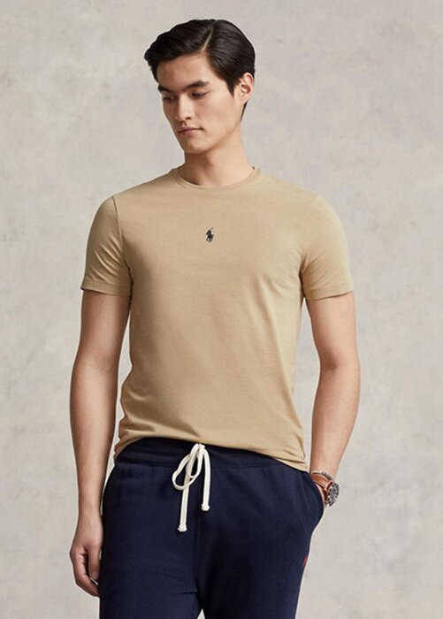 Khaki pánská trička Ralph Lauren Custom Slim Fit s výstřihem Khaki pánská trička Ralph Lauren Custom Slim Fit s výstřihem