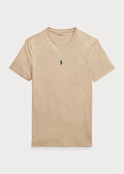 Khaki pánská trička Ralph Lauren Custom Slim Fit s výstřihem Khaki pánská trička Ralph Lauren Custom Slim Fit s výstřihem