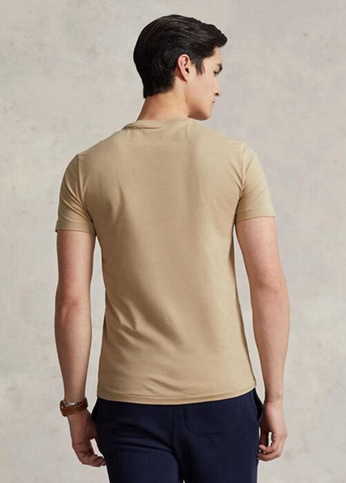 Khaki pánská trička Ralph Lauren Custom Slim Fit s výstřihem Khaki pánská trička Ralph Lauren Custom Slim Fit s výstřihem