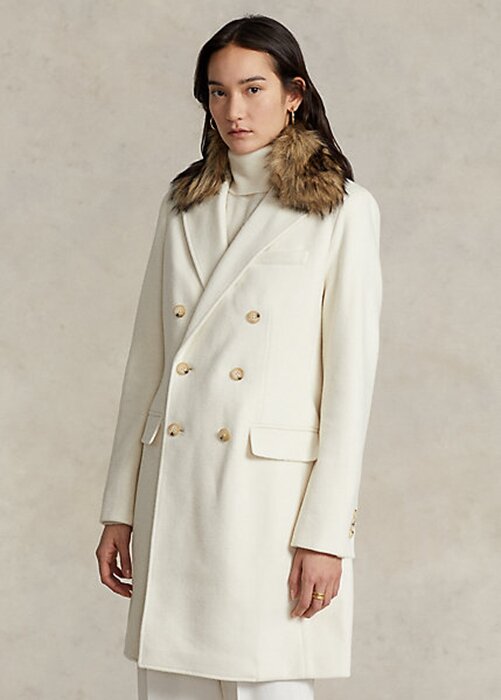 Krémové dámské dvouřadé kabáty z umělé kožešiny Ralph Lauren Krémové dámské dvouřadé kabáty z umělé kožešiny Ralph Lauren
