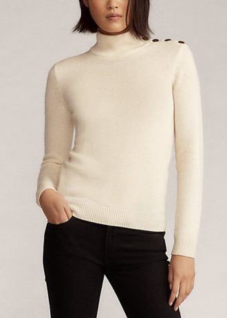 Krémové dámské kašmírové rolákové svetry Ralph Lauren s knoflíky Krémové dámské kašmírové rolákové svetry Ralph Lauren s knoflíky