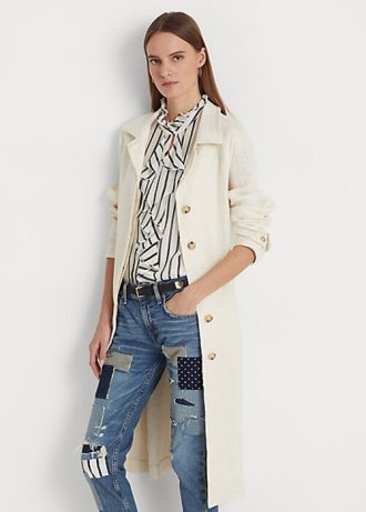 Krémové dámské plátěné kabáty Ralph Lauren s páskem rybí kosti Krémové dámské plátěné kabáty Ralph Lauren s páskem rybí kosti