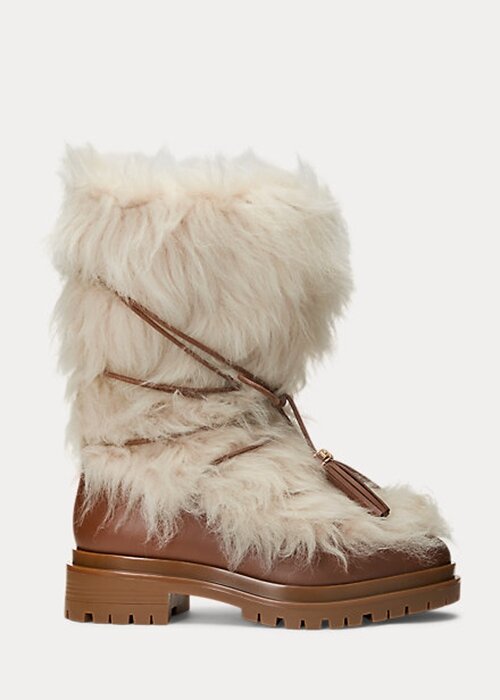Krémové dámské Ralph Lauren Celia Shearling & Leštěné kožené boty Krémové dámské Ralph Lauren Celia Shearling & Leštěné kožené boty