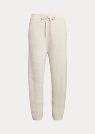 Krémové dámské svetrové kalhoty Ralph Lauren žebrový úplet z kašmíru a vlny