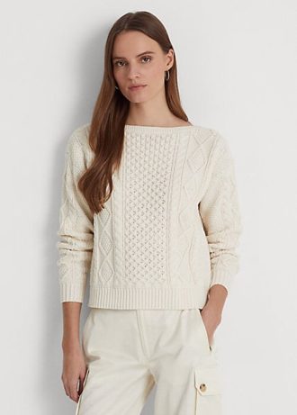 Krémové dámské svetry Ralph Lauren Aran-Knit z bavlny Krémové dámské svetry Ralph Lauren Aran-Knit z bavlny