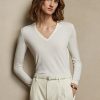Krémové dámské svetry Ralph Lauren z vlny s dlouhým rukávem a výstřihem do V