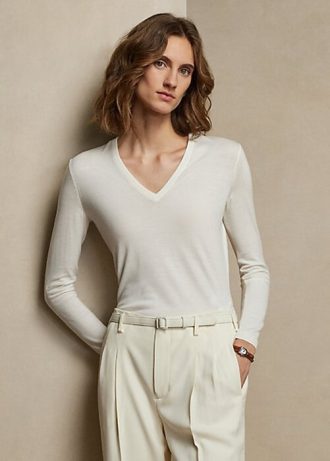 Krémové dámské svetry Ralph Lauren z vlny s dlouhým rukávem a výstřihem do V Krémové dámské svetry Ralph Lauren z vlny s dlouhým rukávem a výstřihem do V
