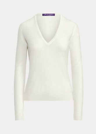 Krémové dámské svetry Ralph Lauren z vlny s dlouhým rukávem a výstřihem do V Krémové dámské svetry Ralph Lauren z vlny s dlouhým rukávem a výstřihem do V