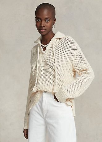 Krémové dámské svetry z bavlny a vlny Ralph Lauren s křížkovým stehem Krémové dámské svetry z bavlny a vlny Ralph Lauren s křížkovým stehem