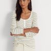 Krémové dámské topy Henley s pruhovanou bavlnou a směsí Ralph Lauren Krémové dámské topy Henley s pruhovanou bavlnou a směsí Ralph Lauren