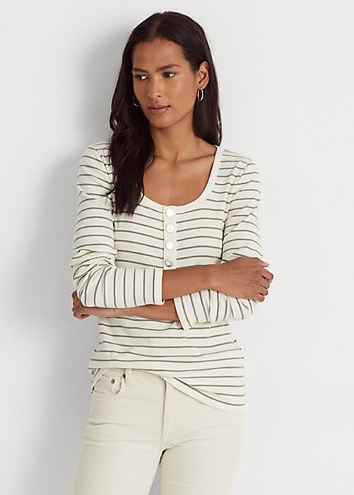 Krémové dámské topy Henley s pruhovanou bavlnou a směsí Ralph Lauren Krémové dámské topy Henley s pruhovanou bavlnou a směsí Ralph Lauren