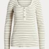 Krémové dámské topy Henley s pruhovanou bavlnou a směsí Ralph Lauren Krémové dámské topy Henley s pruhovanou bavlnou a směsí Ralph Lauren