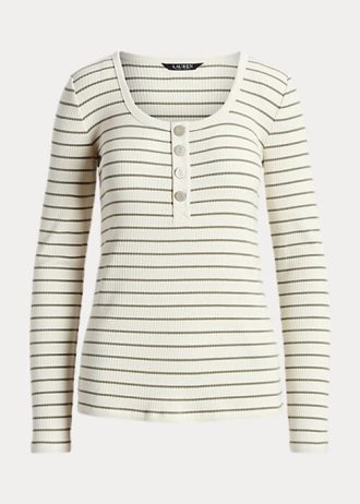 Krémové dámské topy Henley s pruhovanou bavlnou a směsí Ralph Lauren