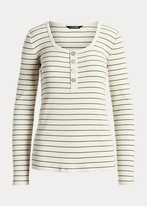 Krémové dámské topy Henley s pruhovanou bavlnou a směsí Ralph Lauren Krémové dámské topy Henley s pruhovanou bavlnou a směsí Ralph Lauren