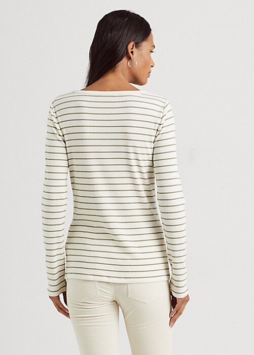 Krémové dámské topy Henley s pruhovanou bavlnou a směsí Ralph Lauren Krémové dámské topy Henley s pruhovanou bavlnou a směsí Ralph Lauren