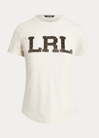 Krémová dámská trička Ralph Lauren Beaded-Logo Jersey