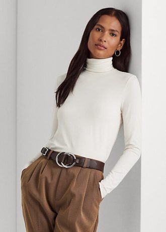Krémová dámská trička Ralph Lauren Jersey Rolák Krémová dámská trička Ralph Lauren Jersey Rolák