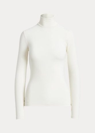 Krémová dámská trička Ralph Lauren Stretch s žebrovaným rolákem
