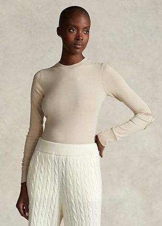 Krémová dámská trička s dlouhým rukávem Ralph Lauren s žebrovaným semišem