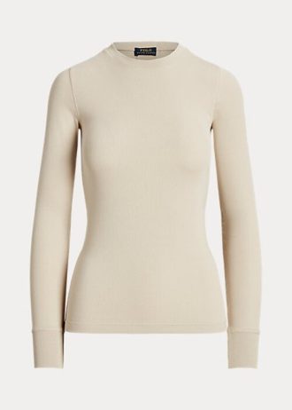 Krémová dámská trička s dlouhým rukávem Ralph Lauren s žebrovaným semišem