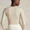 Krémová dámská trička s dlouhým rukávem Ralph Lauren s žebrovaným semišem