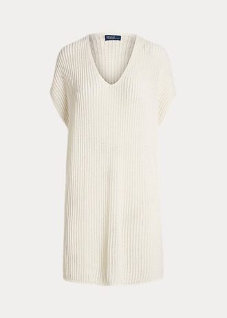 Krémové dámské tunikové svetry z merino vlny Ralph Lauren s otevřeným stehem Krémové dámské tunikové svetry z merino vlny Ralph Lauren s otevřeným stehem