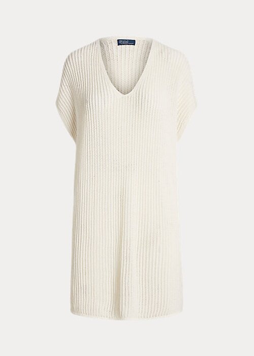 Krémové dámské tunikové svetry z merino vlny Ralph Lauren s otevřeným stehem Krémové dámské tunikové svetry z merino vlny Ralph Lauren s otevřeným stehem