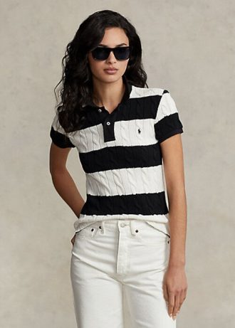 Krémová/černá dámská polokošile Slim Fit Cable-Knit Ralph Lauren