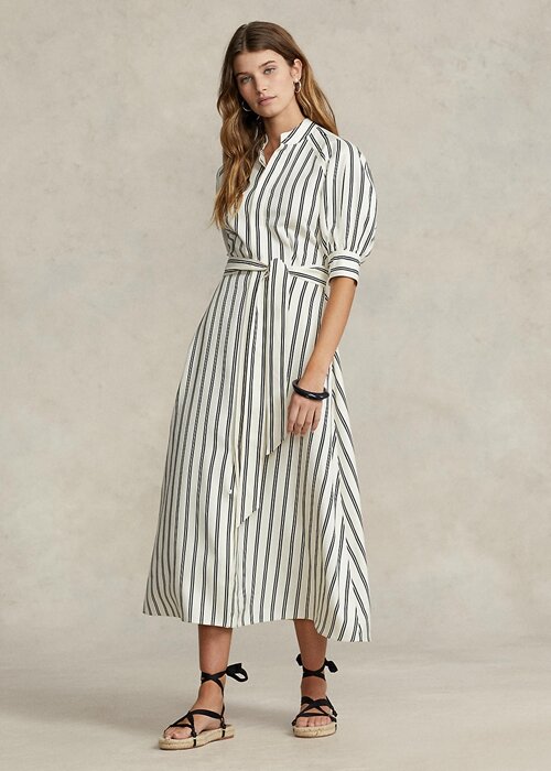 Krémové/černé dámské pruhované morušové hedvábné šaty Ralph Lauren Krémové/černé dámské pruhované morušové hedvábné šaty Ralph Lauren