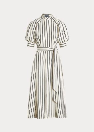 Krémové/černé dámské pruhované morušové hedvábné šaty Ralph Lauren