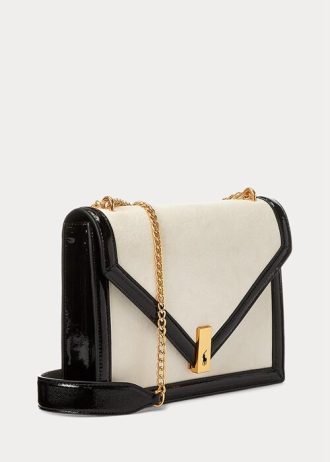 Krémové/černé dámské semišové obálkové crossbody kabelky Ralph Lauren Polo ID