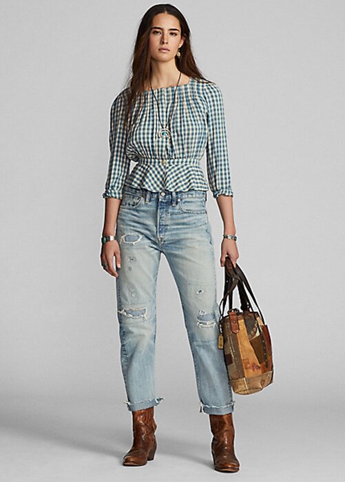 Krémová / modrá dámská košile Ralph Lauren Gingham Voile Peplum Krémová / modrá dámská košile Ralph Lauren Gingham Voile Peplum